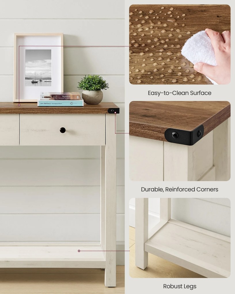 Keskeny konzolasztal 3 fiókkal és nyitott polccal, vidéki stílusban