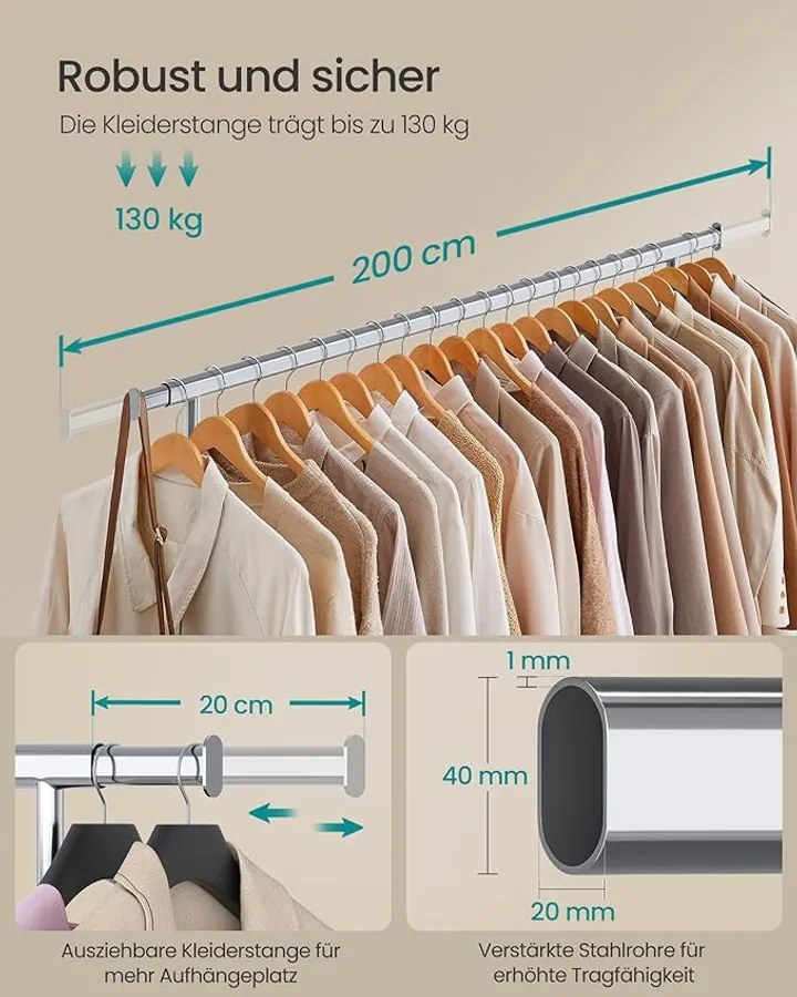 Nagy teherbírású ruhatartó állvány 150 kg maximális terheléssel, ezüst színben