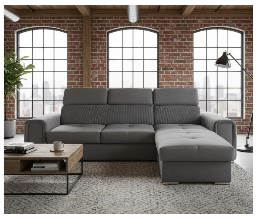 SALVADA univerzális L alakú, kihúzható sarokgarnitúra tárolóval, sötétszürke