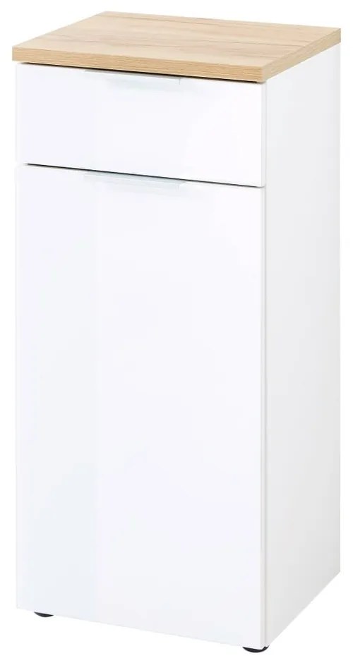 Fehér-natúr színű alacsony fürdőszoba szekrény tölgyfa dekorral 39x86 cm Pescara – Germania