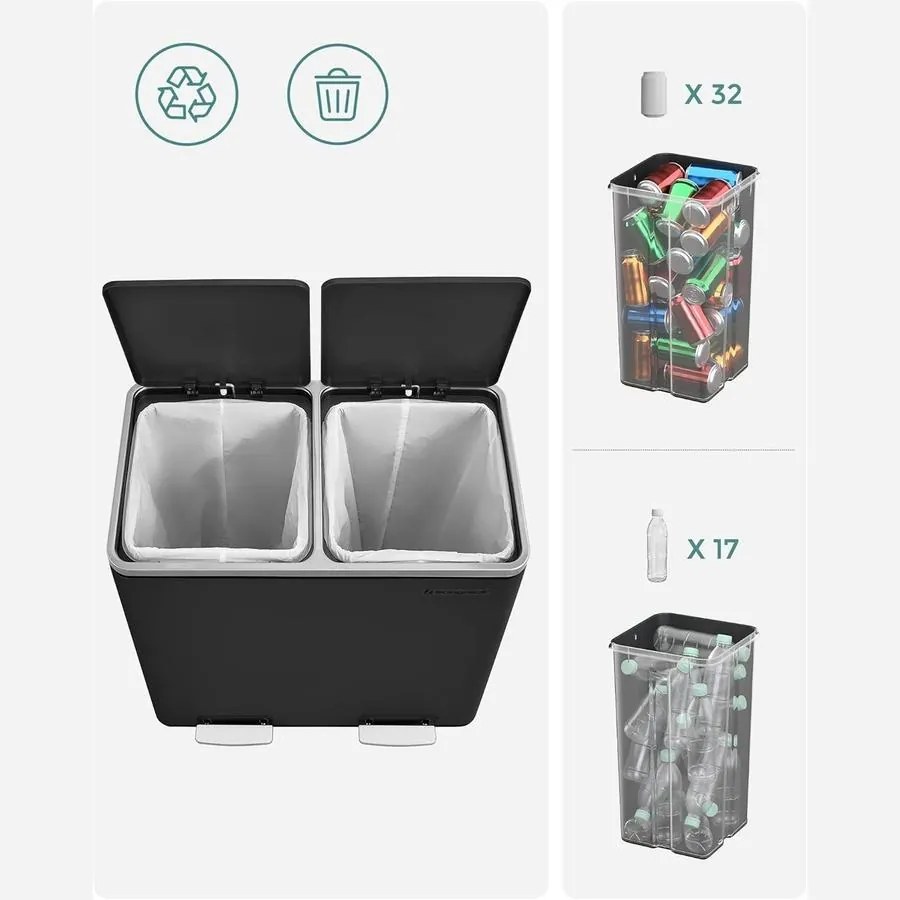 Dupla szemetes, 2 x 24 literes, 2 rekesszel, fekete