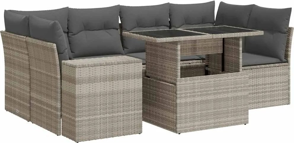 vidaXL 7 részes világosszürke polyrattan kerti ülőgarnitúra párnákkal