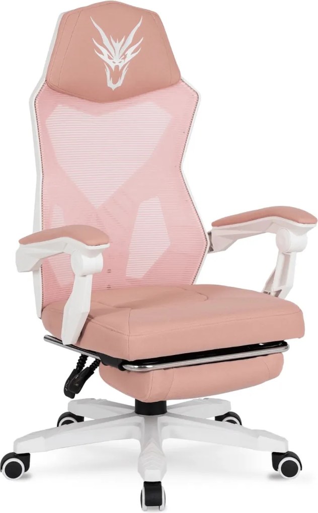 Forgószék gaming lábtartóval rózsaszín/fehér. BING