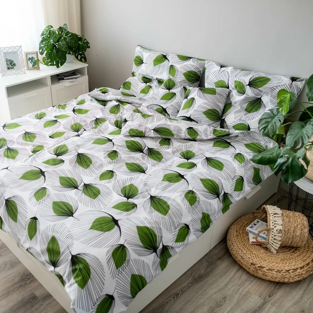 Levelek pamut ágynemű, zöld, 140 x 200 cm, 70 x 90 cm, 40 x 40 cm
