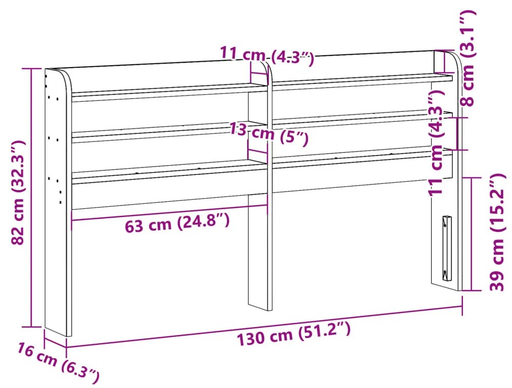 tömör fenyőfa fejtámla polcokkal 120 cm