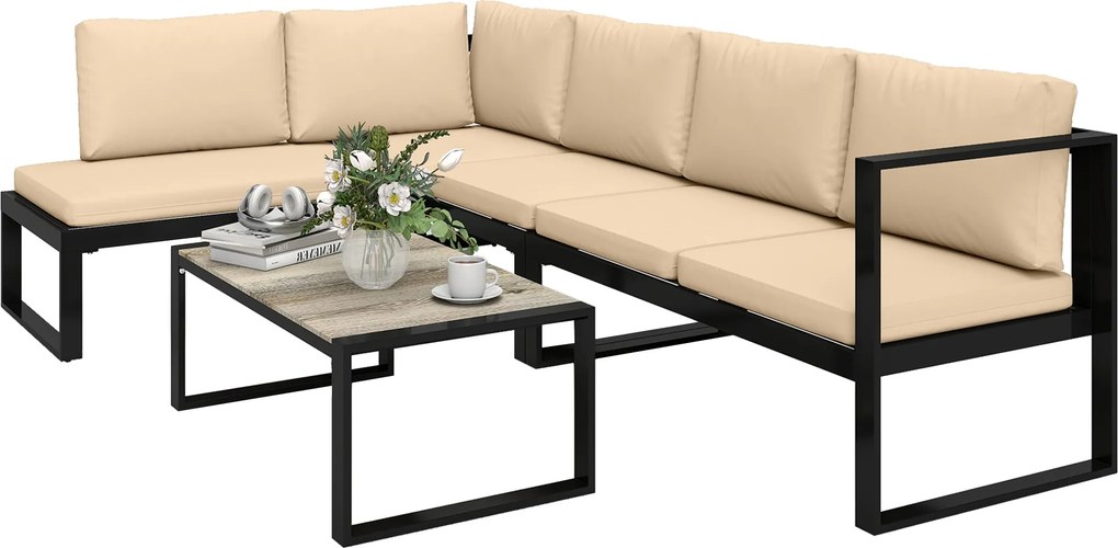 Outsunny 4 részes kerti ülőgarnitúra — 2 kétszemélyes kanapé, kar nélküli fotel és dohányzóasztal, acél váz, khaki | Aosom