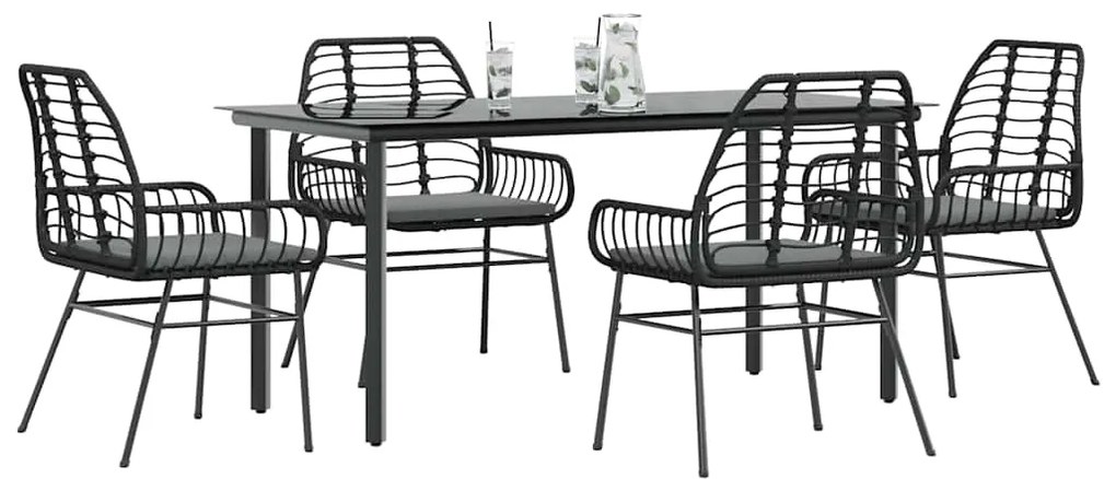 vidaXL 5 részes fekete polyrattan üveg kerti étkezőgarnitúra párnákkal