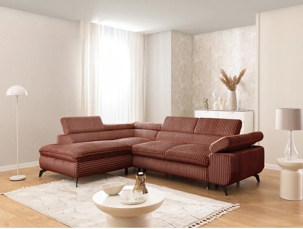 Terrakotta színű kordbársony sarokkanapé (bal oldali-L alakú) Marbeya – Ropez