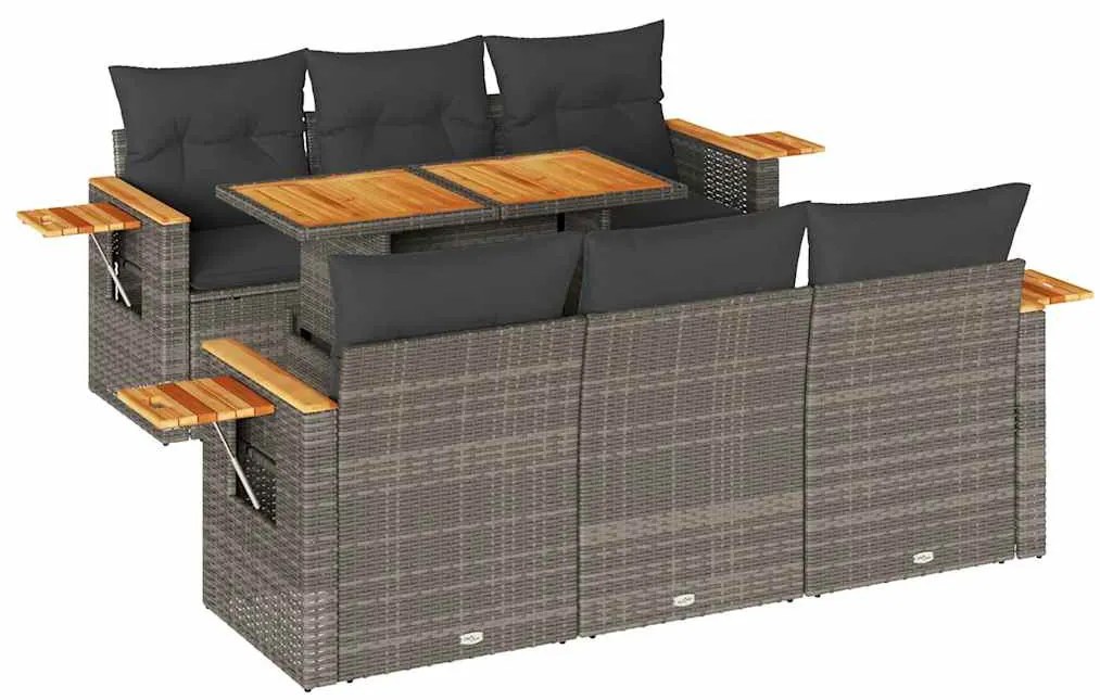 7 részes szürke polyrattan akácfa kerti ülőgarnitúra párnákkal