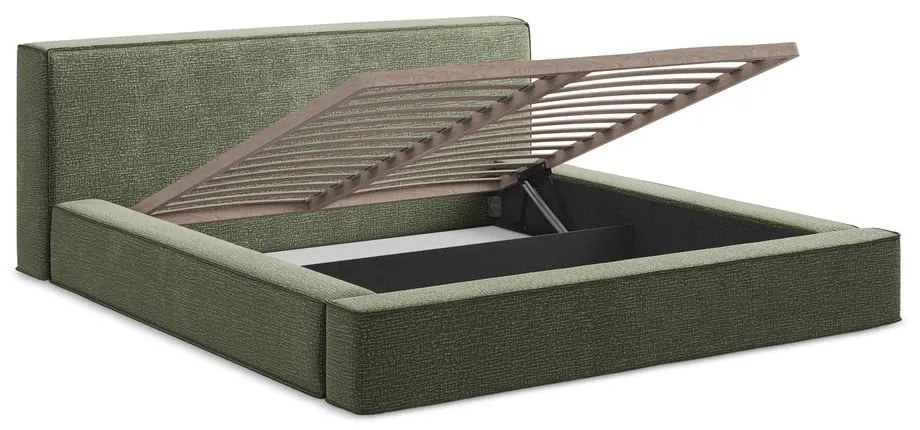 Zöld kárpitozott ágyneműtartós franciaágy ágyráccsal 160x200 cm Noho – Makamii