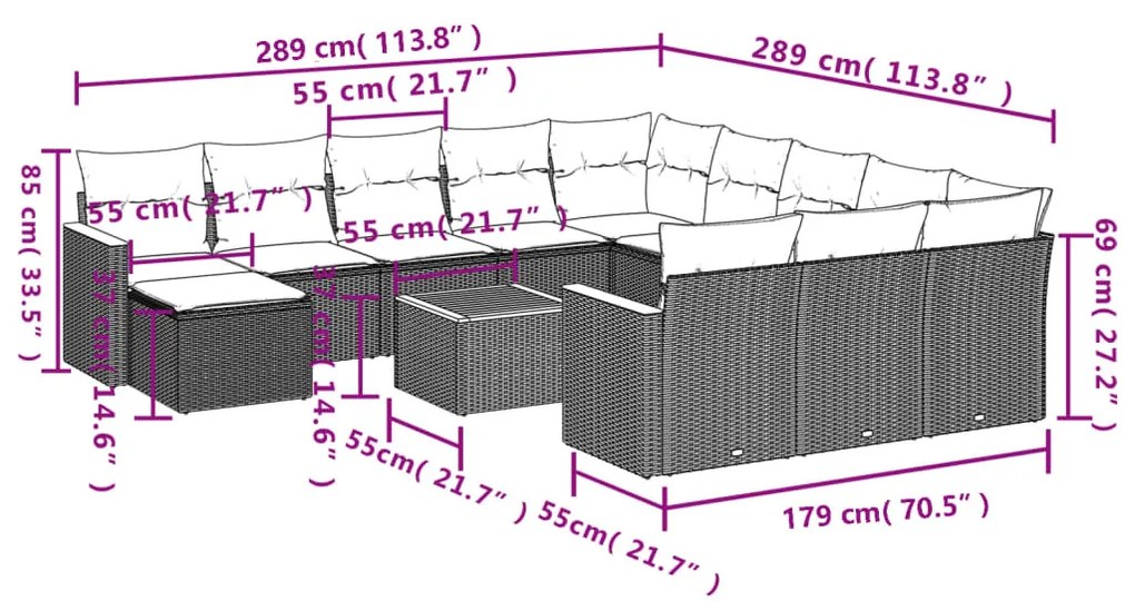 13 részes fekete polyrattan kerti ülőgarnitúra párnákkal