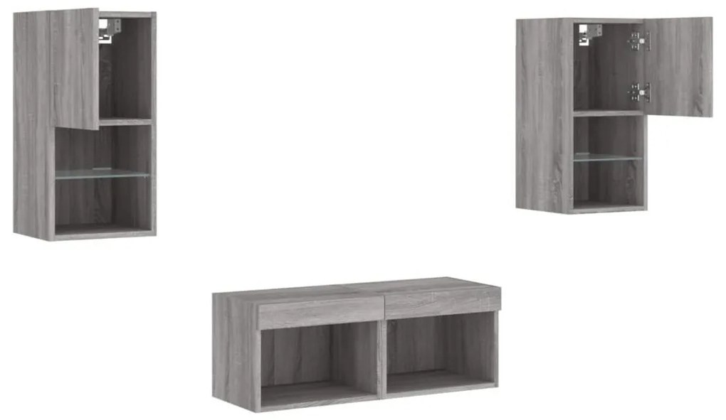 4darab szürke sonoma színű falra szerelhető TV-szekrény LED-del