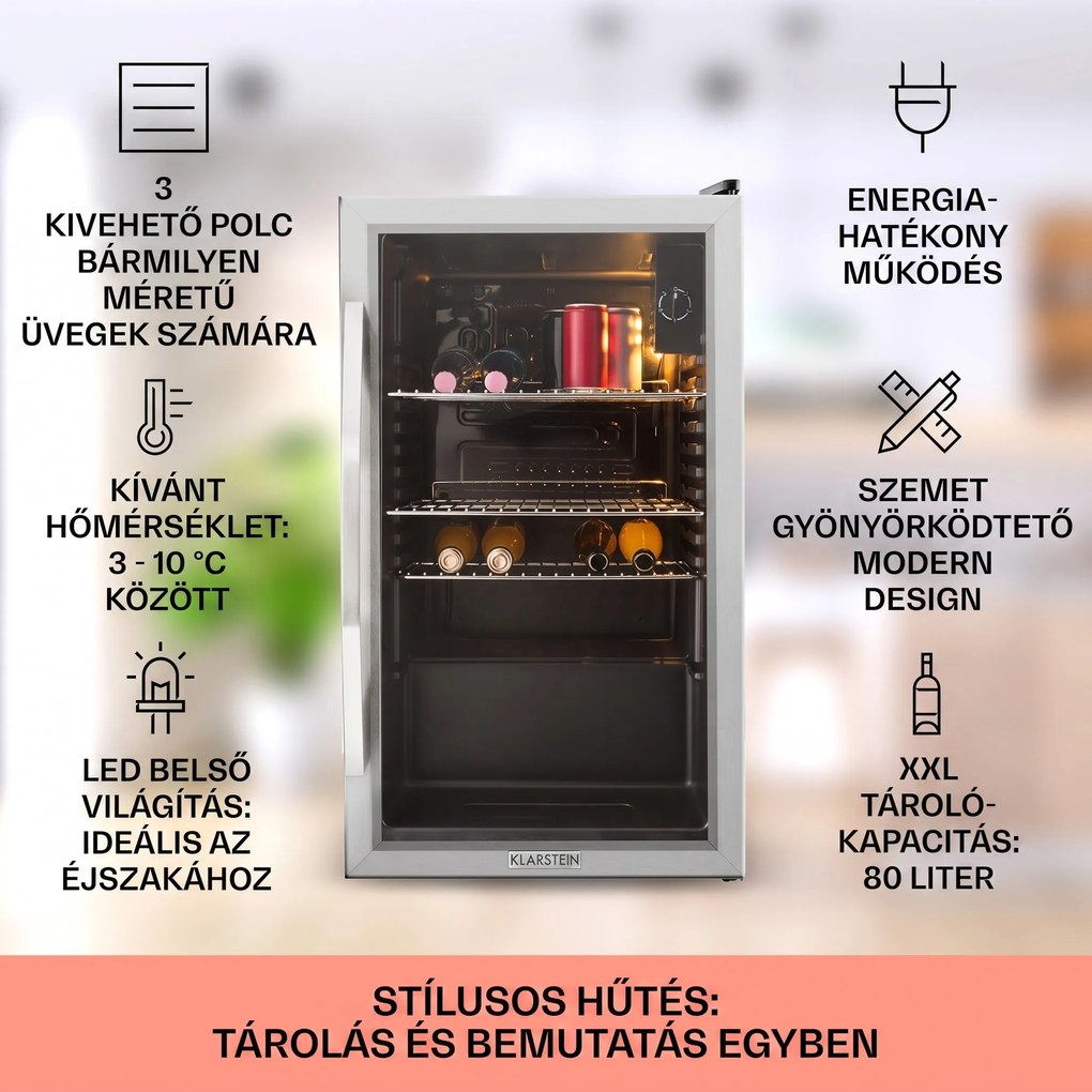 Klarstein Beersafe XXL, hűtőszekrény, 80 liter, E energiahatékonysági osztály, panoráma üvegajtó
