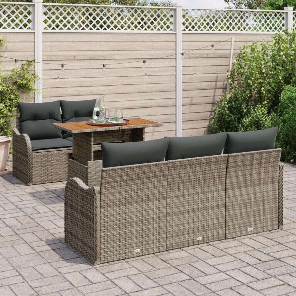 6 Darabos Kert-kanapé Szett Párnákkal Szürke Poly Rattan Akácfa, 2-Fős Kert-kanapé Párnákkal Szürke Poly Rattan