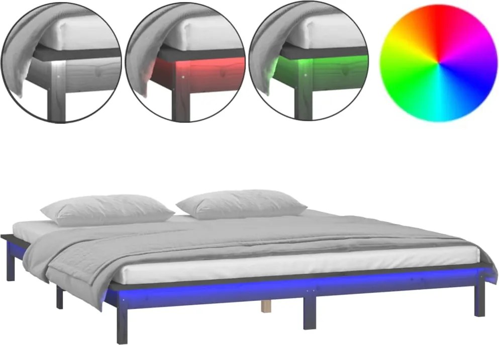 vidaXL szürke tömör fa ágykeret LED-világítással 200 x 200 cm