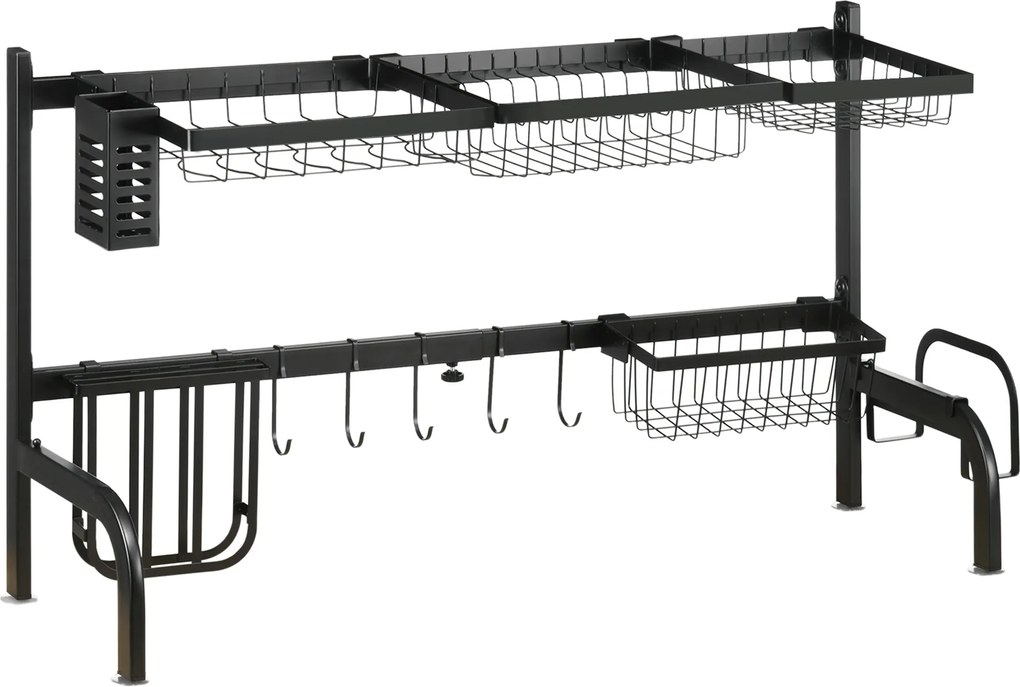 HOMCOM Edény Szárító Rack, 2-Színt Edény Szárító Állvány, 51-93 cm Edény Rack Kampókkal, Folyóka a Konyhai Mosogatóhoz, Acél, Fekete | Aosom