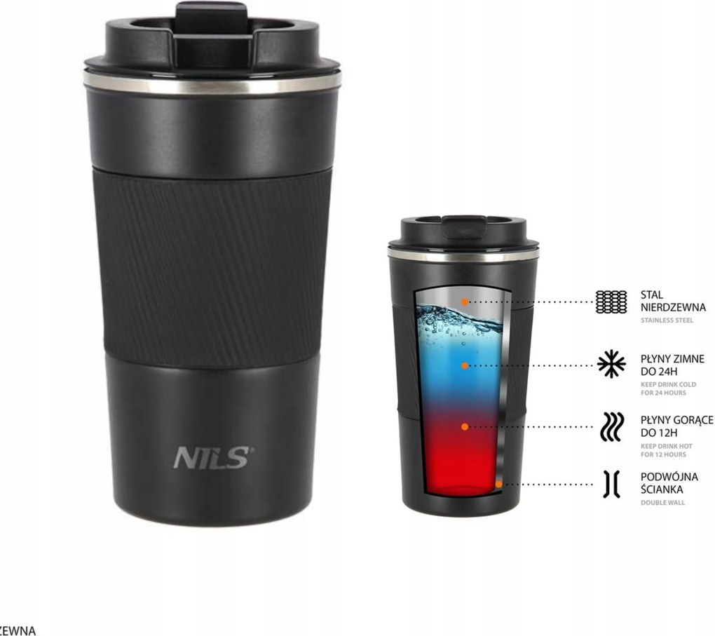 Thermo bögre fekete Nils 510ml kényelmes fogantyú acél gumi