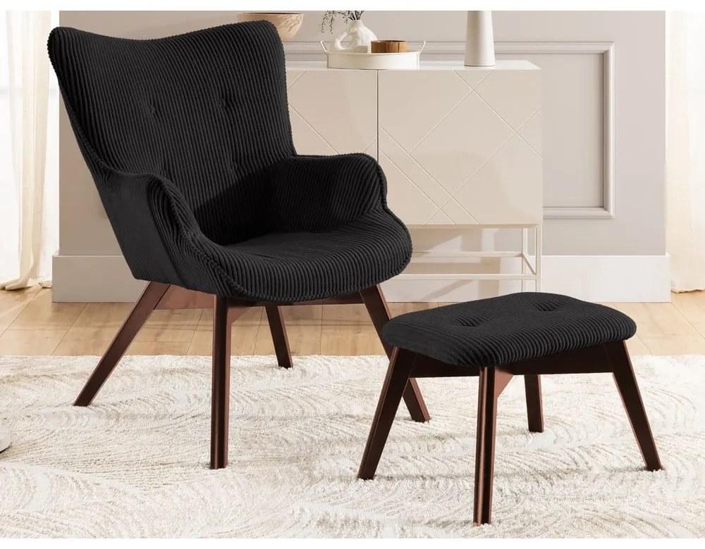 Fekete kordbársony fotel lábtartóval Niko – Ropez