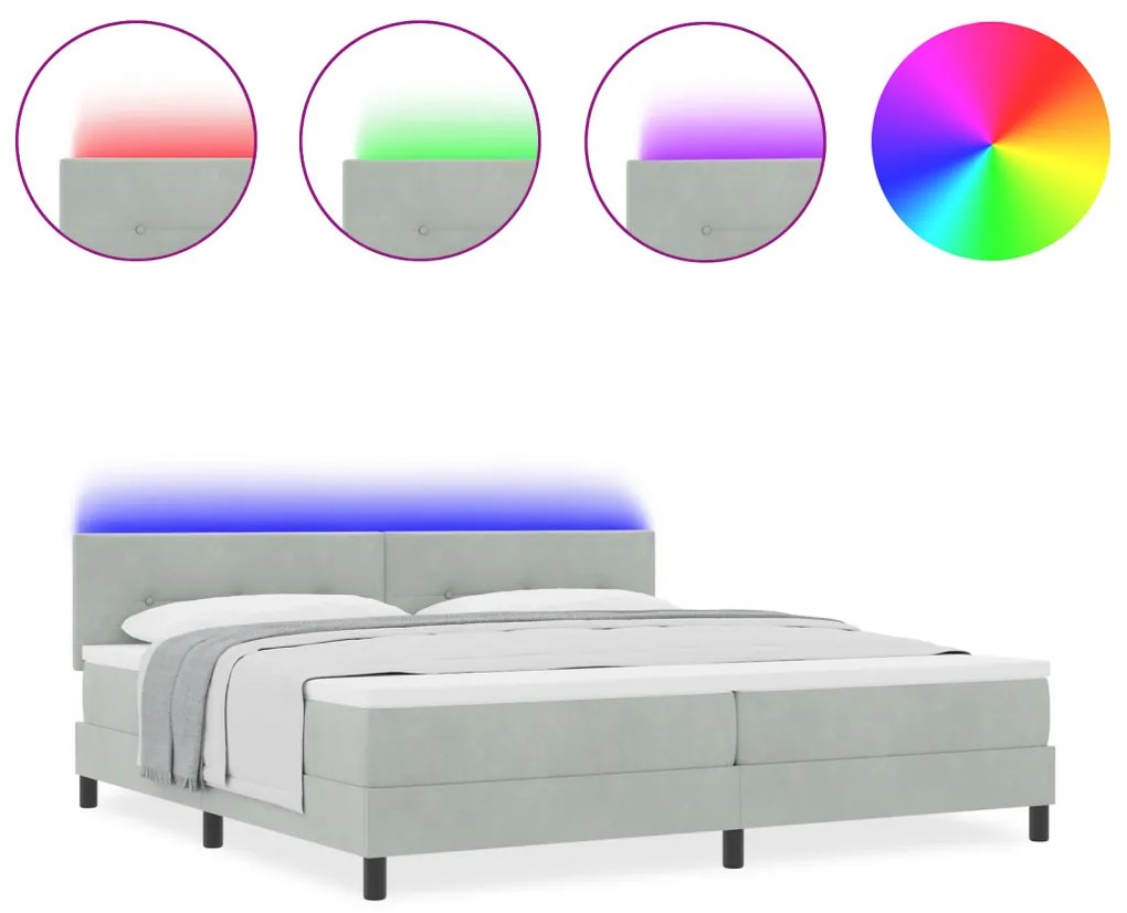Boxspring Ágy Mattal &amp; LED Fény Szürke 200x200 cm Bársony