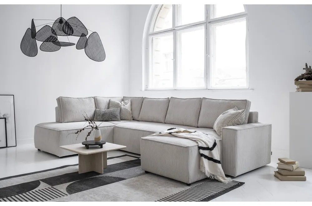 Fehér kordbársony kinyitható sarokkanapé (bal oldali-U alakú) Brave Dave – Miuform