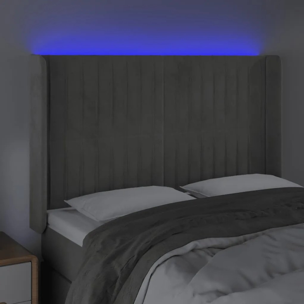 világosszürke bársony LED-es fejtámla 147x16x118/128 cm