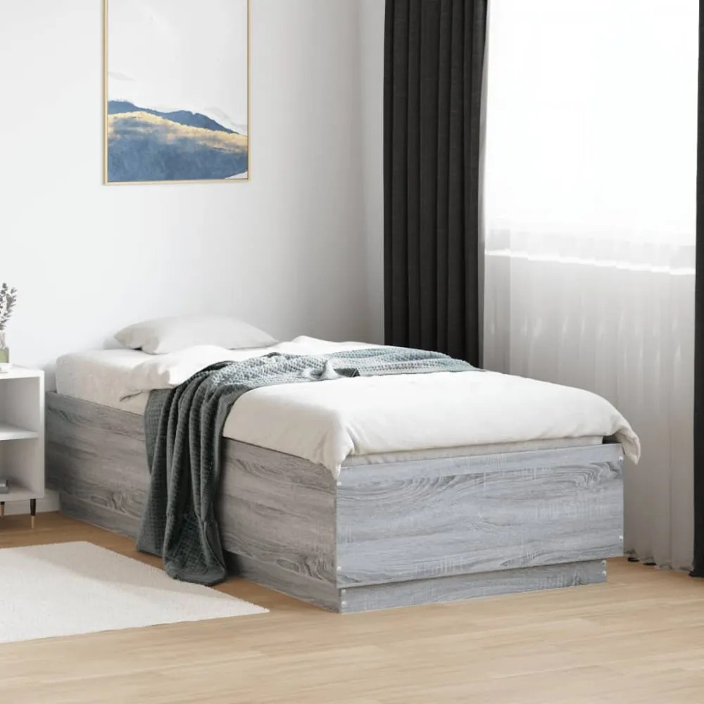 szürke sonoma színű szerelt fa ágykeret LED-del 75x190 cm