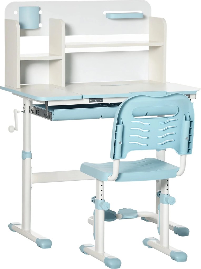 HOMCOM Gyerek Íróasztal és Szekrény Szett 3 Éves Kortól Magasságállítható Íróasztallal Dőlt Asztallappal, Fiókkal és Polccal 80x52x88-109 cm és 35.5x4