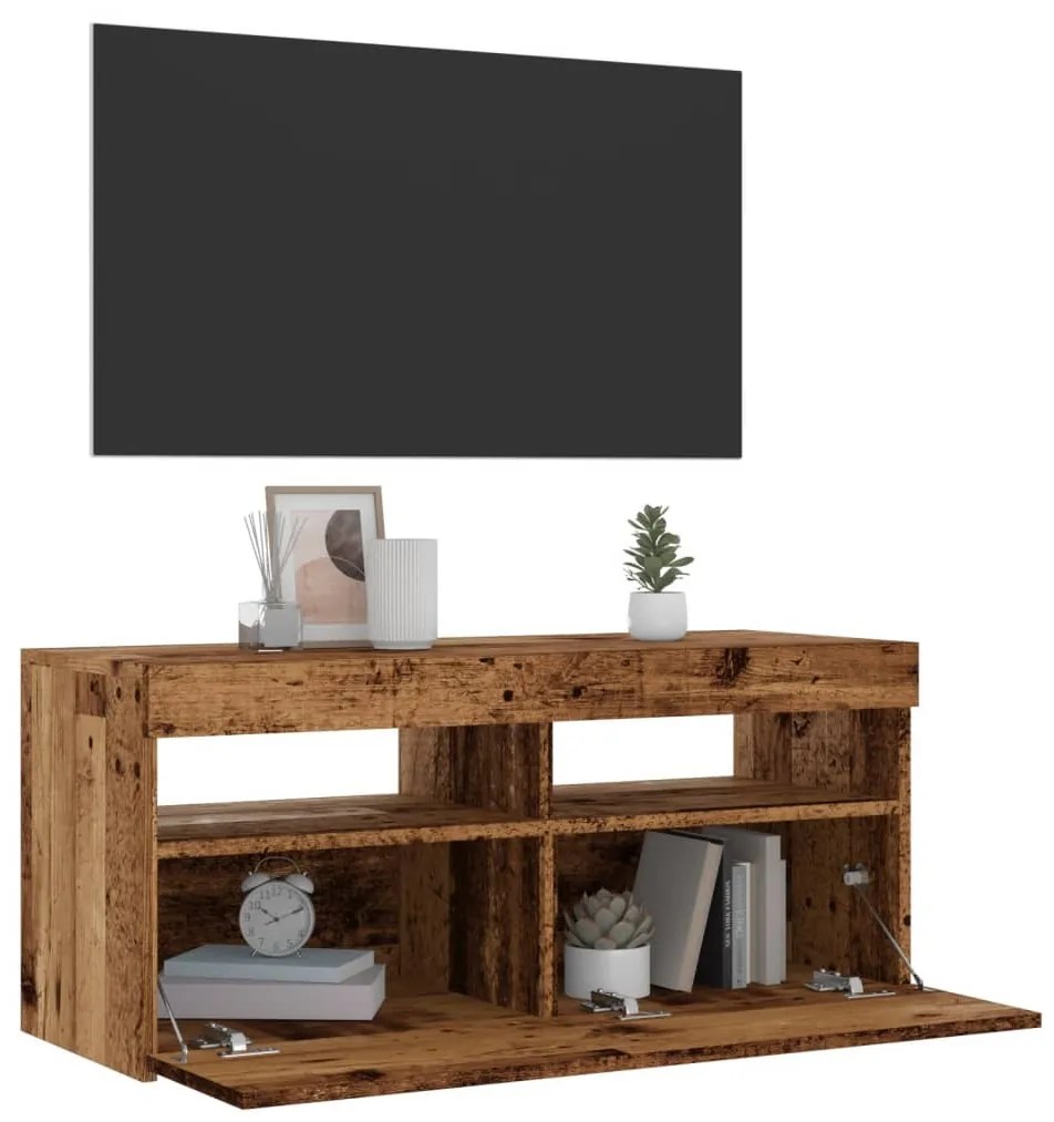 antik fa színű szerelt fa TV-szekrény LED-ekkel 90x35x40 cm