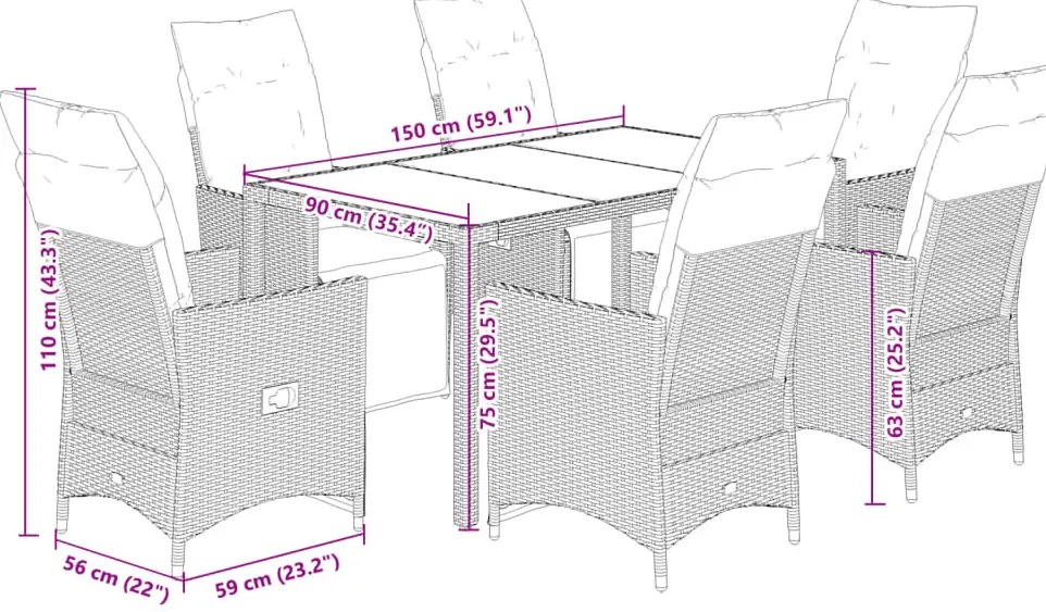 7 részes bézs polyrattan kerti bisztrógarnitúra párnákkal