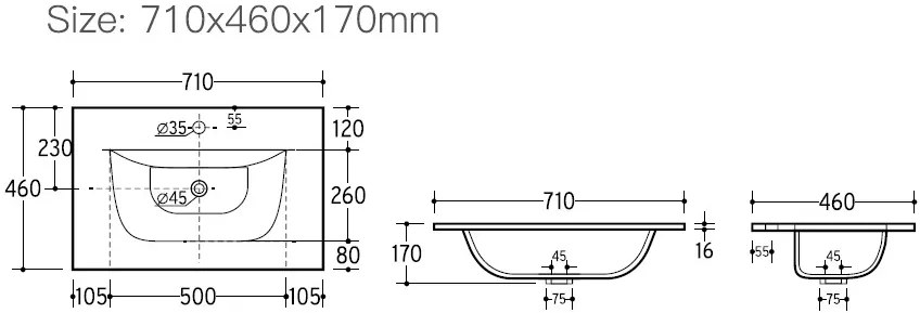 Eros SKY 1 - beépíthető mosdó - 71 x 46 cm