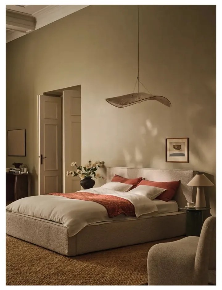 Krémszínű kárpitozott ágyneműtartós franciaágy ágyráccsal 180x200 cm Simon Olivia – Micadoni