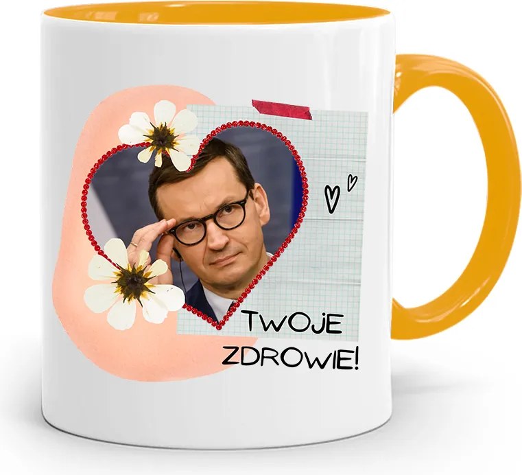 Sárga Politikus Bögre Mateusz Morawiecki Miniszterelnök fényképes nyomtatással