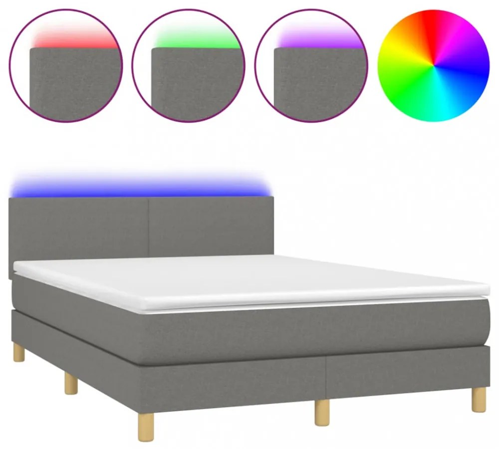 sötétszürke szövet rugós és LED-es ágy matraccal 140x200 cm