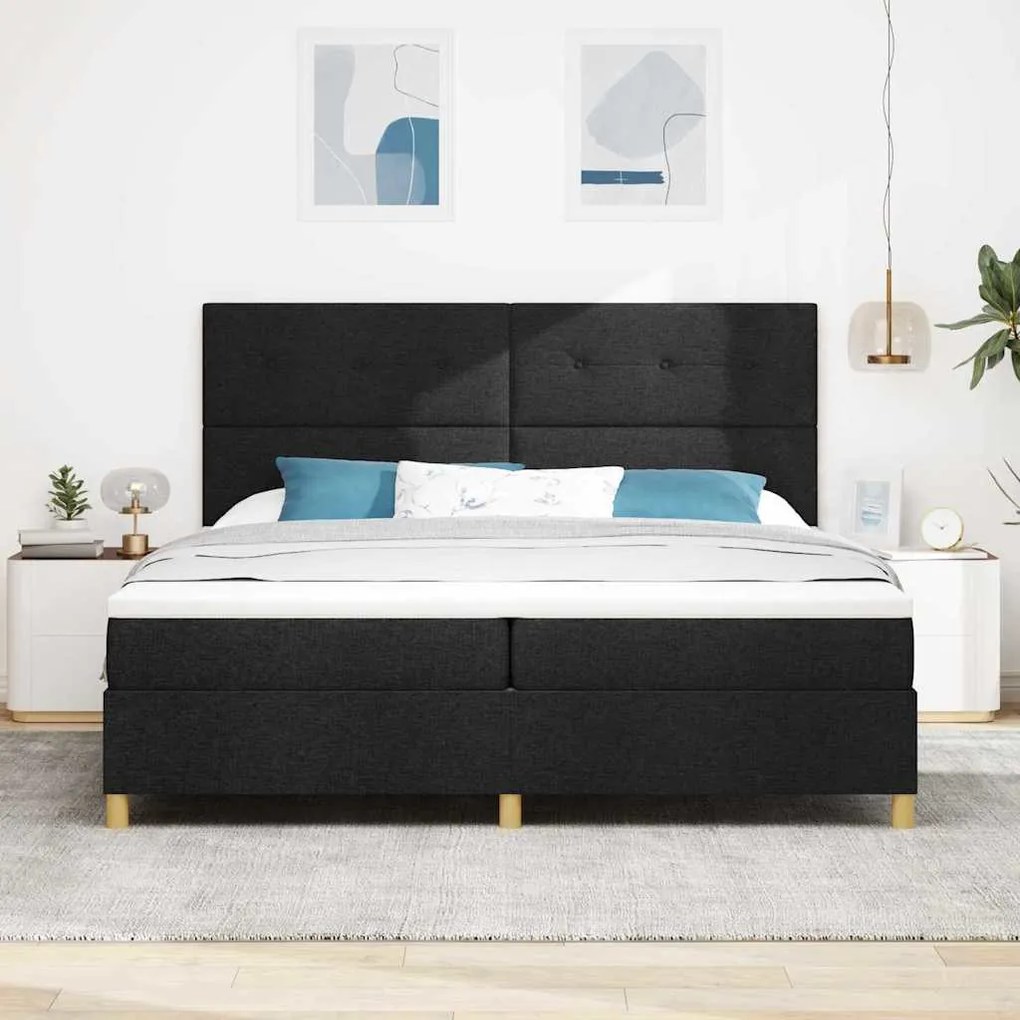 Boxrugós ágy fejtámlával Fekete 200 x 200 cm szövet