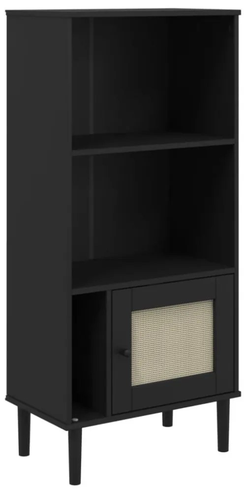 SENJA fekete rattanhatású tömör fenyő könyvszekrény 60x35x130cm