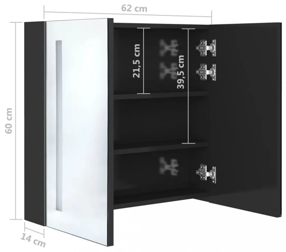 fényes fekete LED-es tükrös fürdőszobaszekrény 62 x 14 x 60 cm