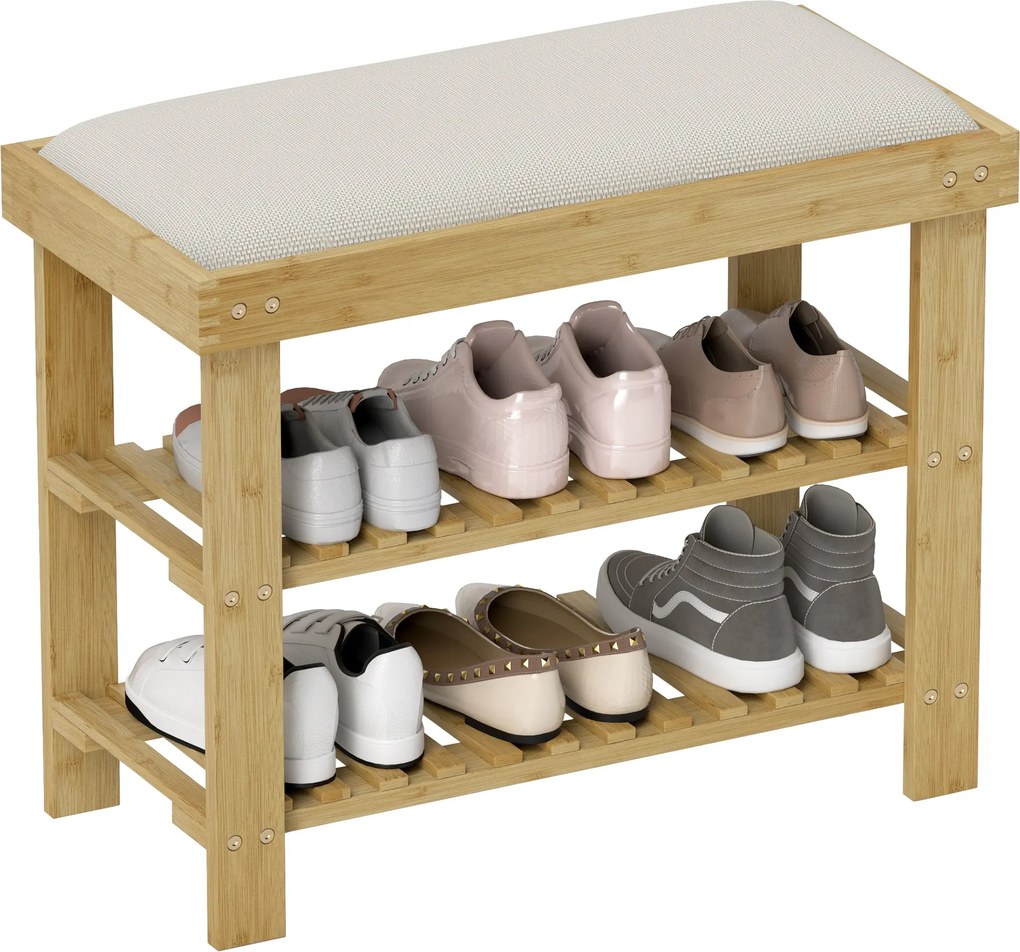 HOMCOM Cipőpad Ülőpaddal, Bambusz Pad Tárolóhelyiséggel, Cipőtartó 2 Nyitott Polccal, Pad, Előszobai Pad Nappalihoz, Előszoba, 60 x 29 x 49 cm Krémfeh