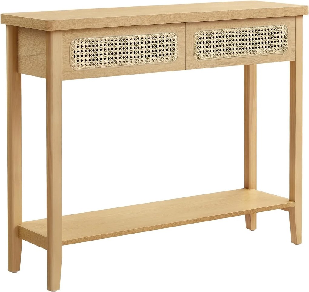 Konzol asztal 2 fiókkal, boho stílusú keskeny asztal, tölgy bézs