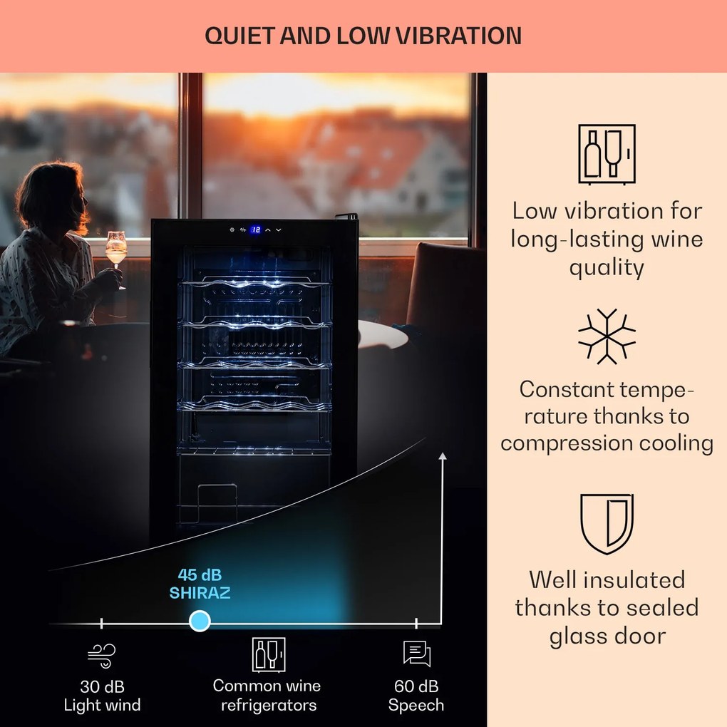 Klarstein Shiraz 24 Uno, borhűtő, 63 liter, 24 palack, 5-18°C, érintőképernyős vezérlőpanel