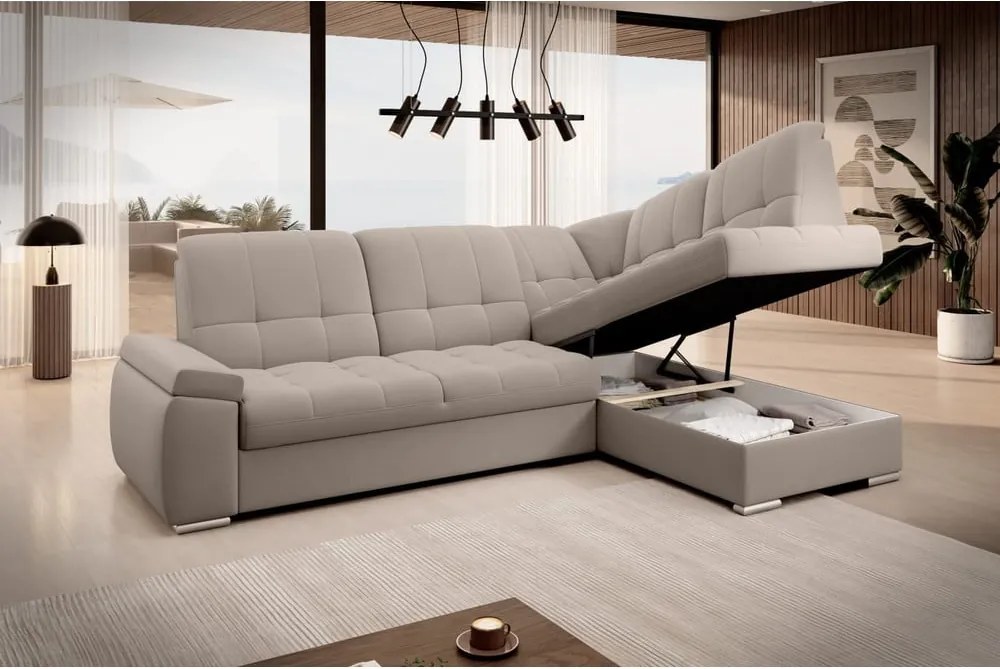 Bézs bársony kinyitható-tárolóhelyes sarokkanapé (jobb oldali-L alakú) Sado – ELTAP