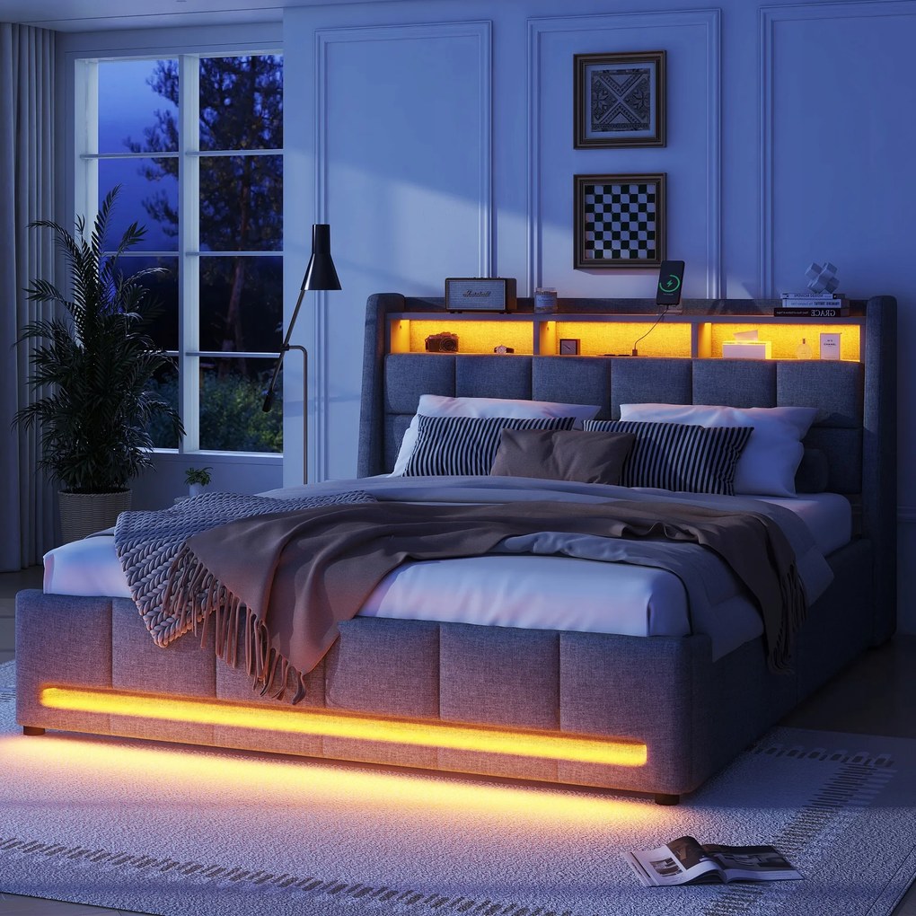 Kárpitozott ágy 160 x 200 cm Led Usb fiókos franciaágy szürke