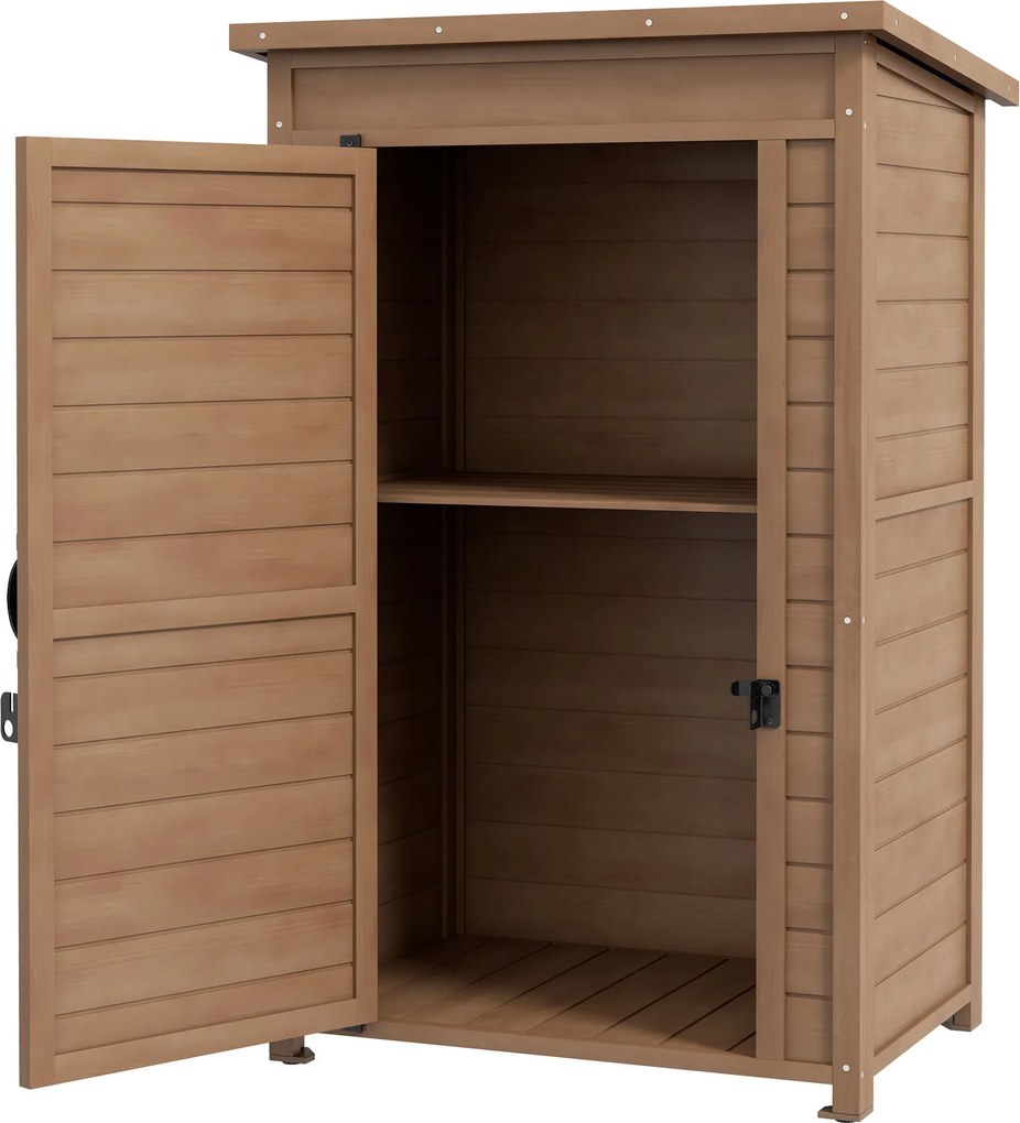 Outsunny Kültéri Szekrény Állítható Polccal és Dőlt Tetővel, Kert Fa Szekrény Zárral, 75x56x117cm, Barna | Aosom