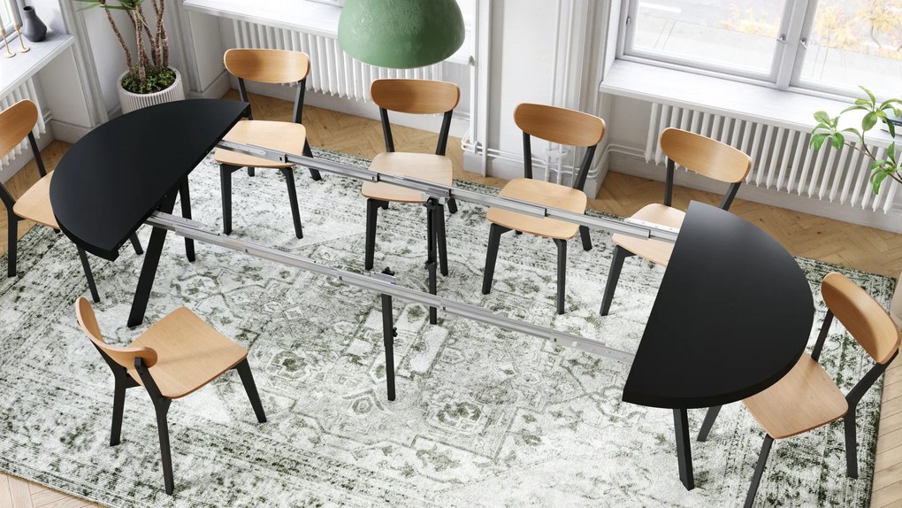 Mazzoni EXPANSO Fekete Matt/fekete lábak - LOFT/IPARI STÍLUSÚ 310 cm-re BŐVÍTHETŐ NAGY KEREK ASZTAL Ø110 Y LÁBAKKAL