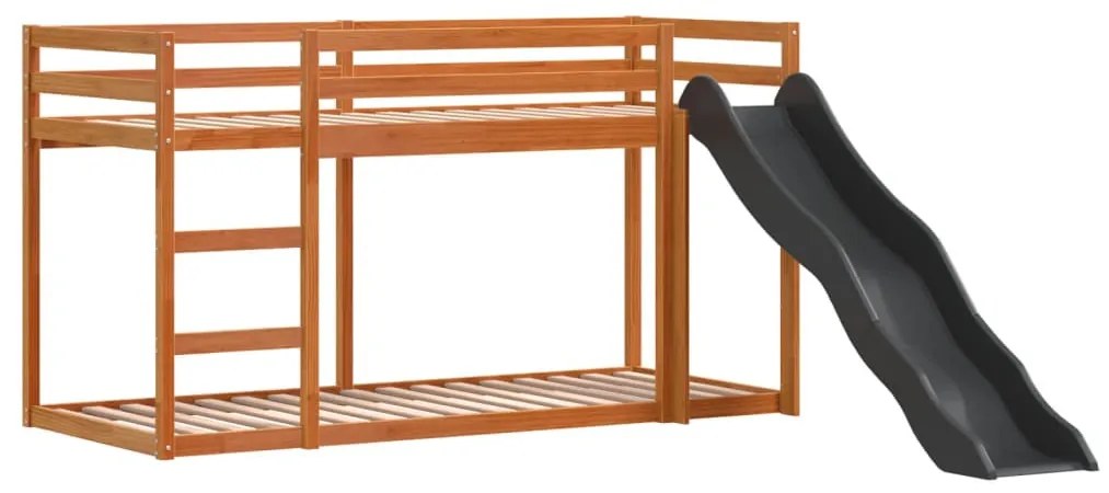 barna tömör fenyő emeletes ágy csúszdával és létrával 75x190 cm