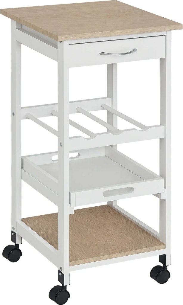 HOMCOM Konyhai Kocsi 4-Szintes Tálalókocsi Kerekekkel Fiók Polcok Borállvány Konyhai Tárolásra Lakásba Étkezőbe 37x37x76 cm Fehér | Aosom