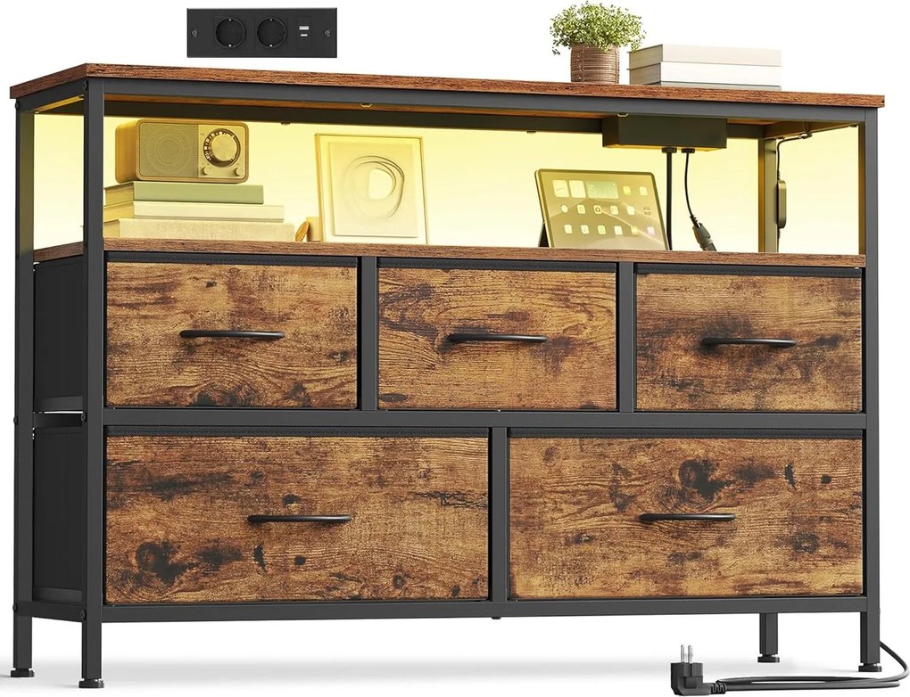 SONGMICS komód, TV szekrény, appal vezérelhető LED-világítás, vintage barna–tintafekete
