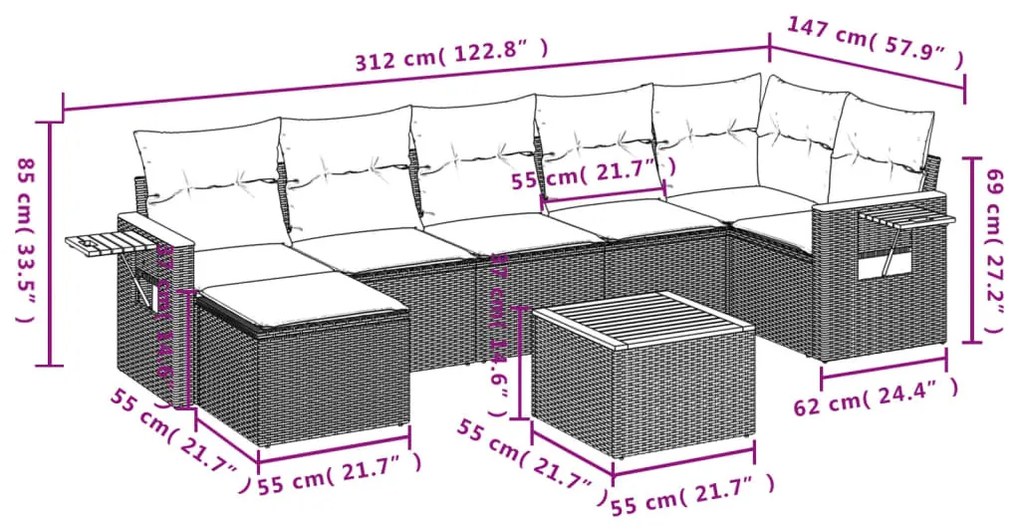 8 részes fekete polyrattan kerti ülőgarnitúra párnákkal