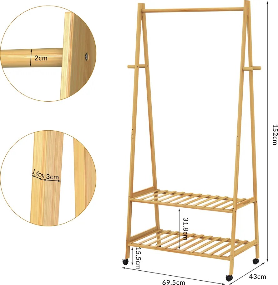 Casaria® Nordik ruhatartó állvány kerekekkel - bambusz