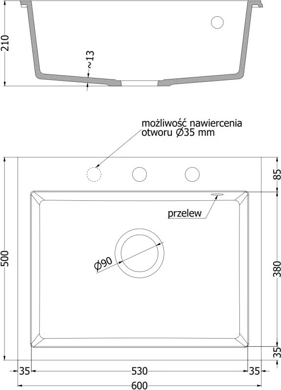 Mexen Elix gránit mosogató 1-medencés 600 x 500 mm, fehér, arany szifon - 6525601005-20-G