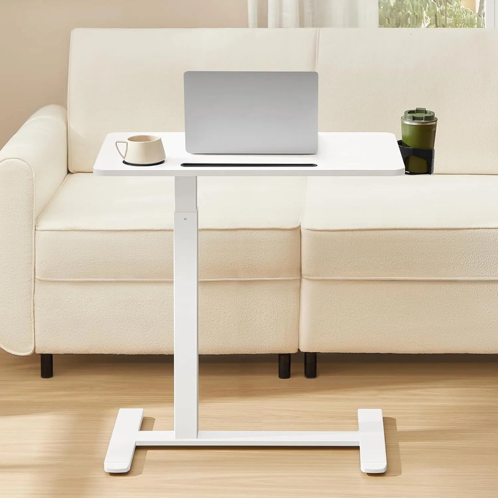 Gurulós ágy melletti asztal, kis állítható magasságú asztal, 70 × 40 cm-es asztallap, fehér